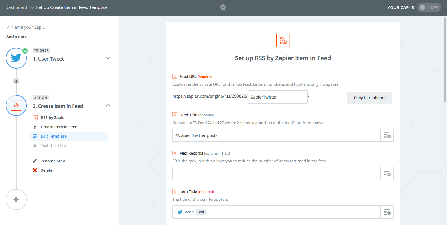 Zapier RSS feed for Twitter