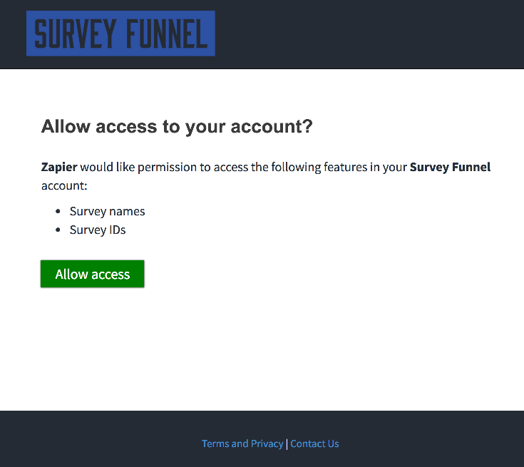 Authorize Survey Funnel' on Zapier