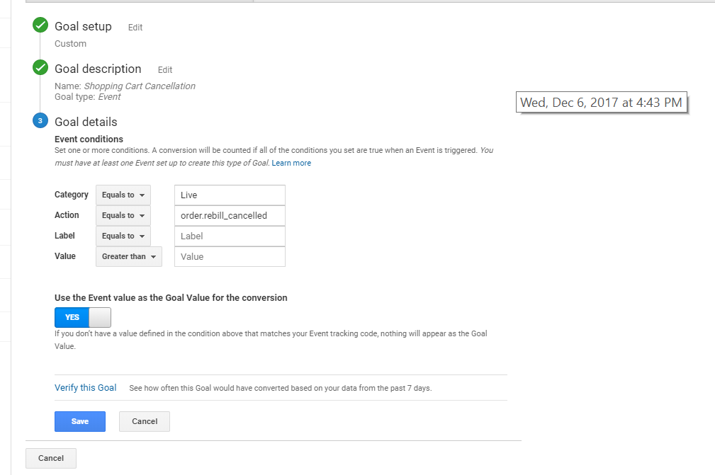 Screenshot of updating a Goal's settings in Google Analytics