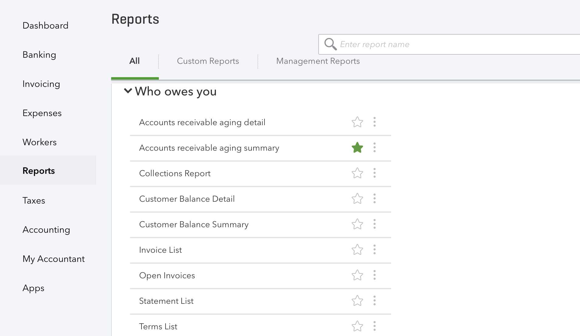 QuickBooks dashboard