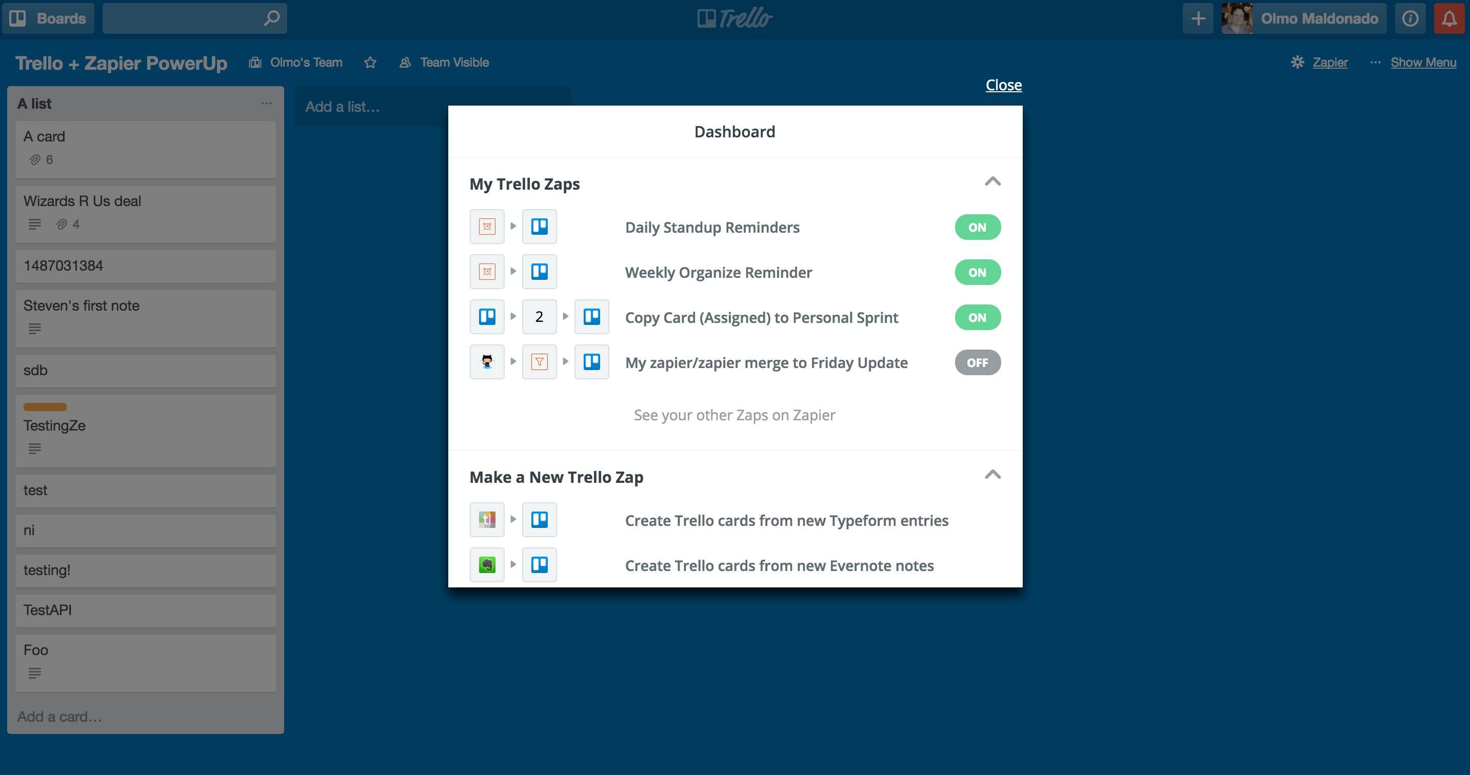 Trello PowerUp shows Zapier Zaps