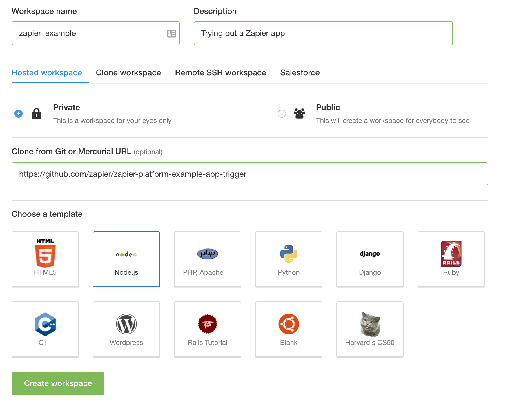 Set up a Cloud9 workspace for Node