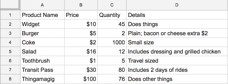 Example spreadsheet