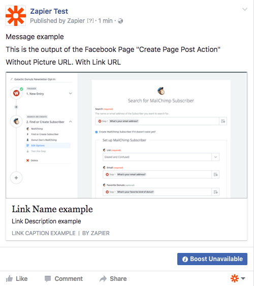 Create Page Post Action without picture url but with link url output