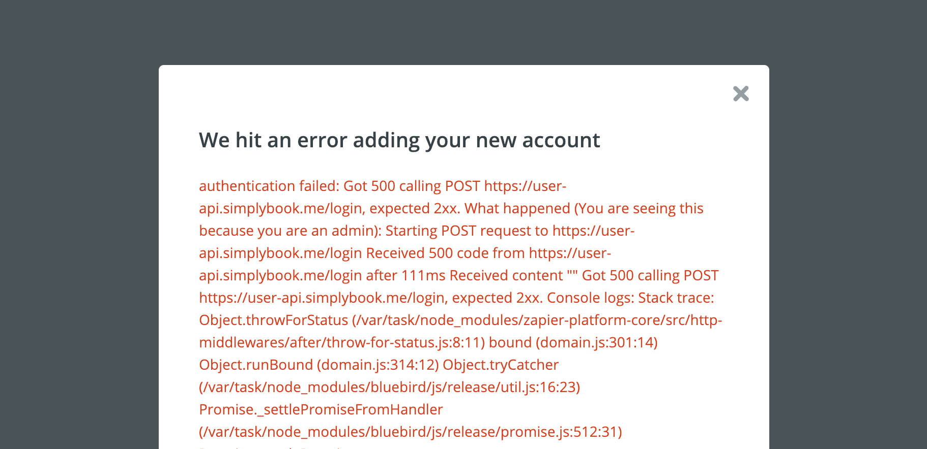 500 error when adding account in Zapier