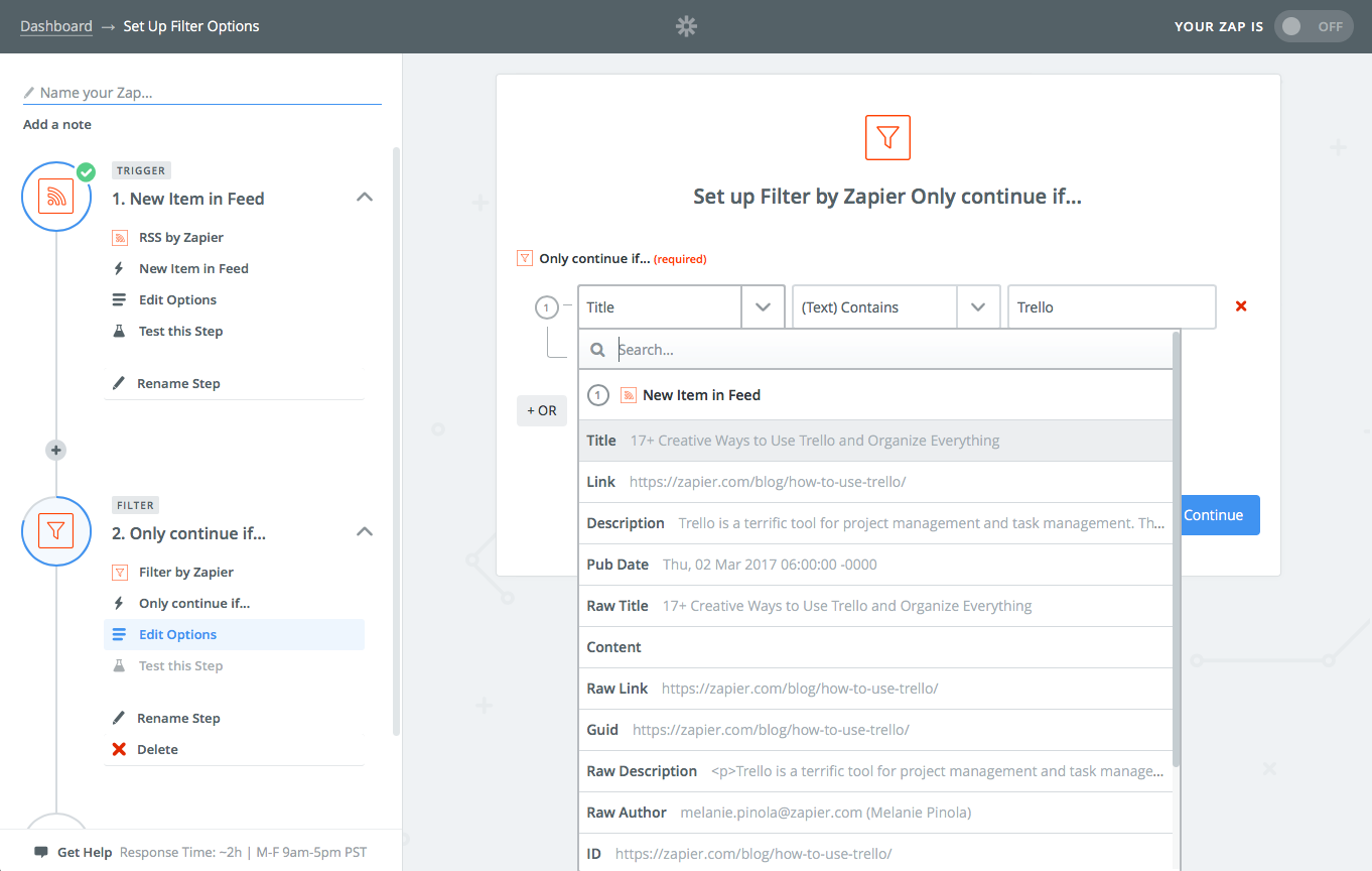 Add filter to RSS feed in Zapier