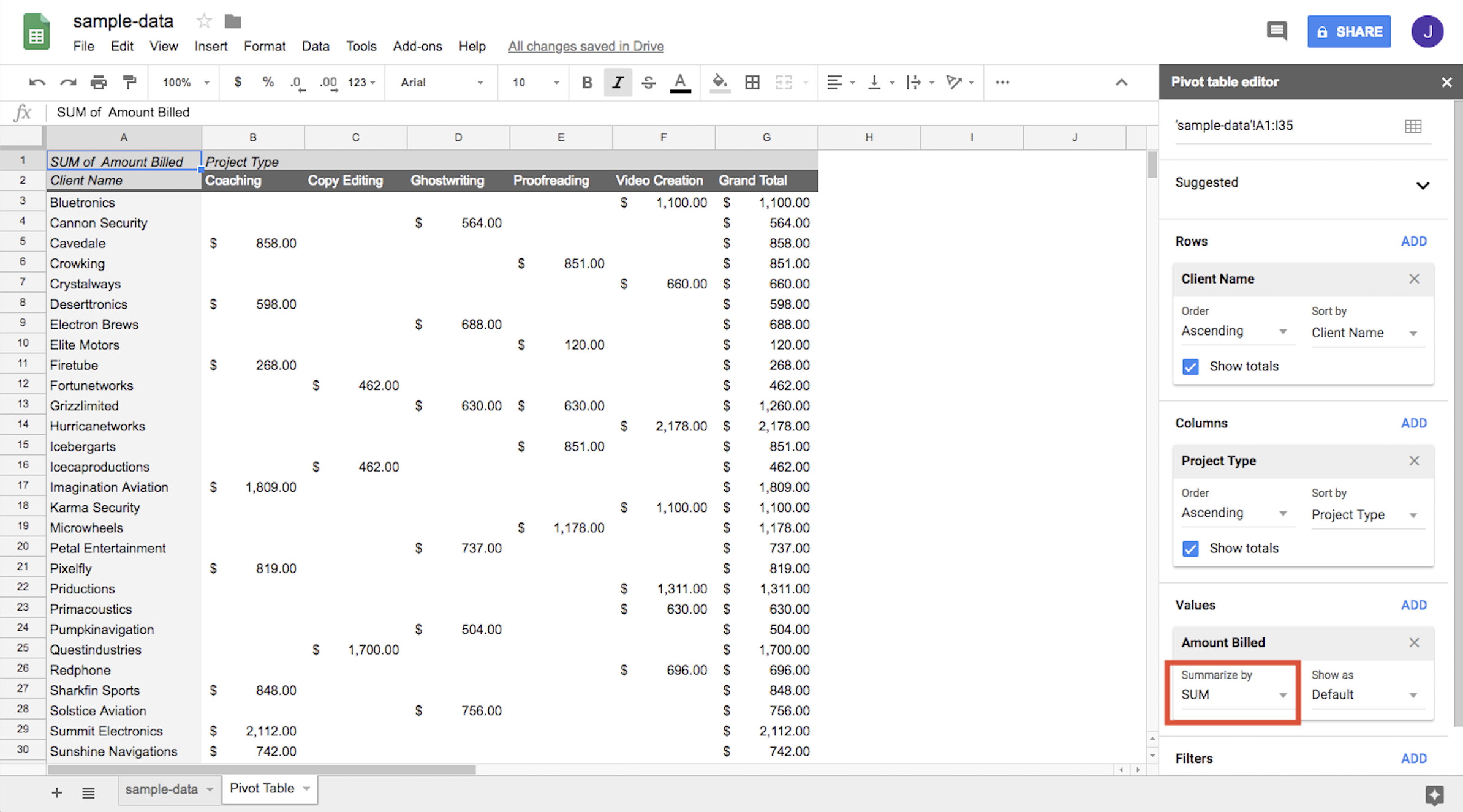 Ensuring total amount billed is calculated by summarizing data as SUM