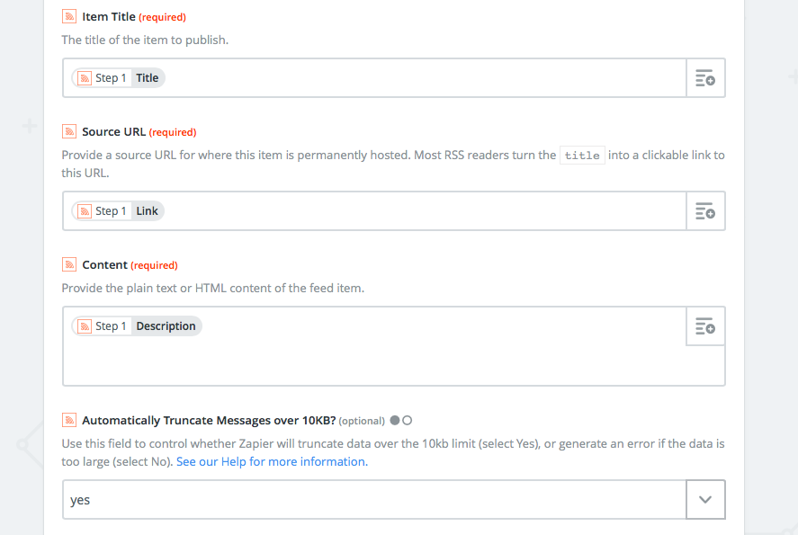 Map RSS feed fields in Zapier