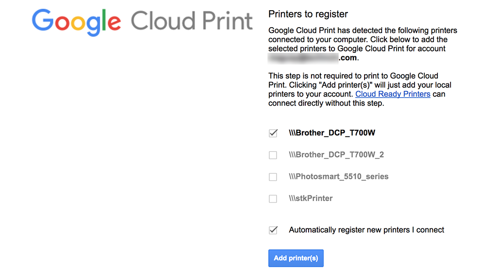 Select printer to add to Google Cloud Print