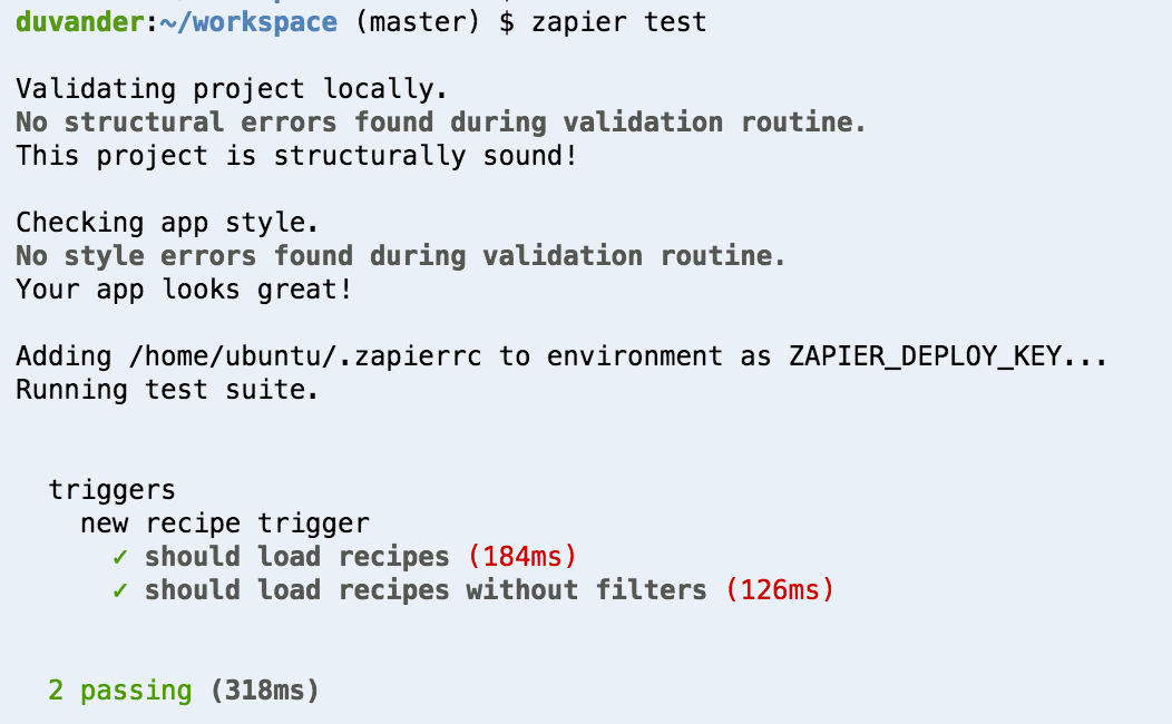 Output from zapier test