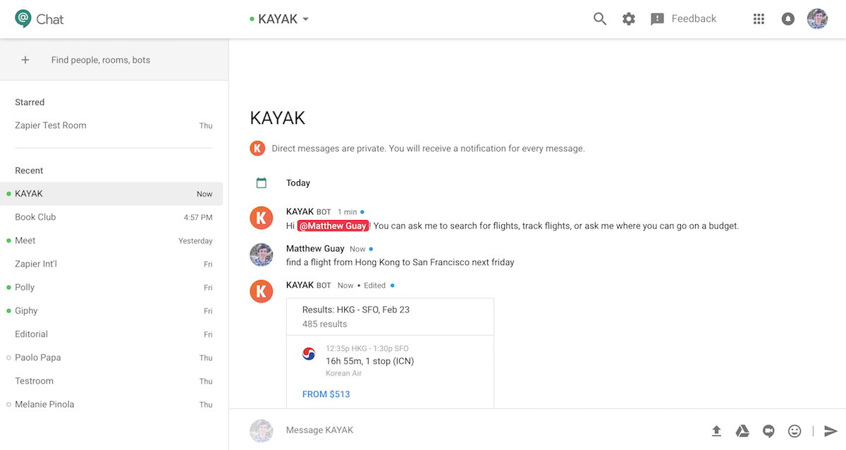 Book plane tickets from Hangouts Chat