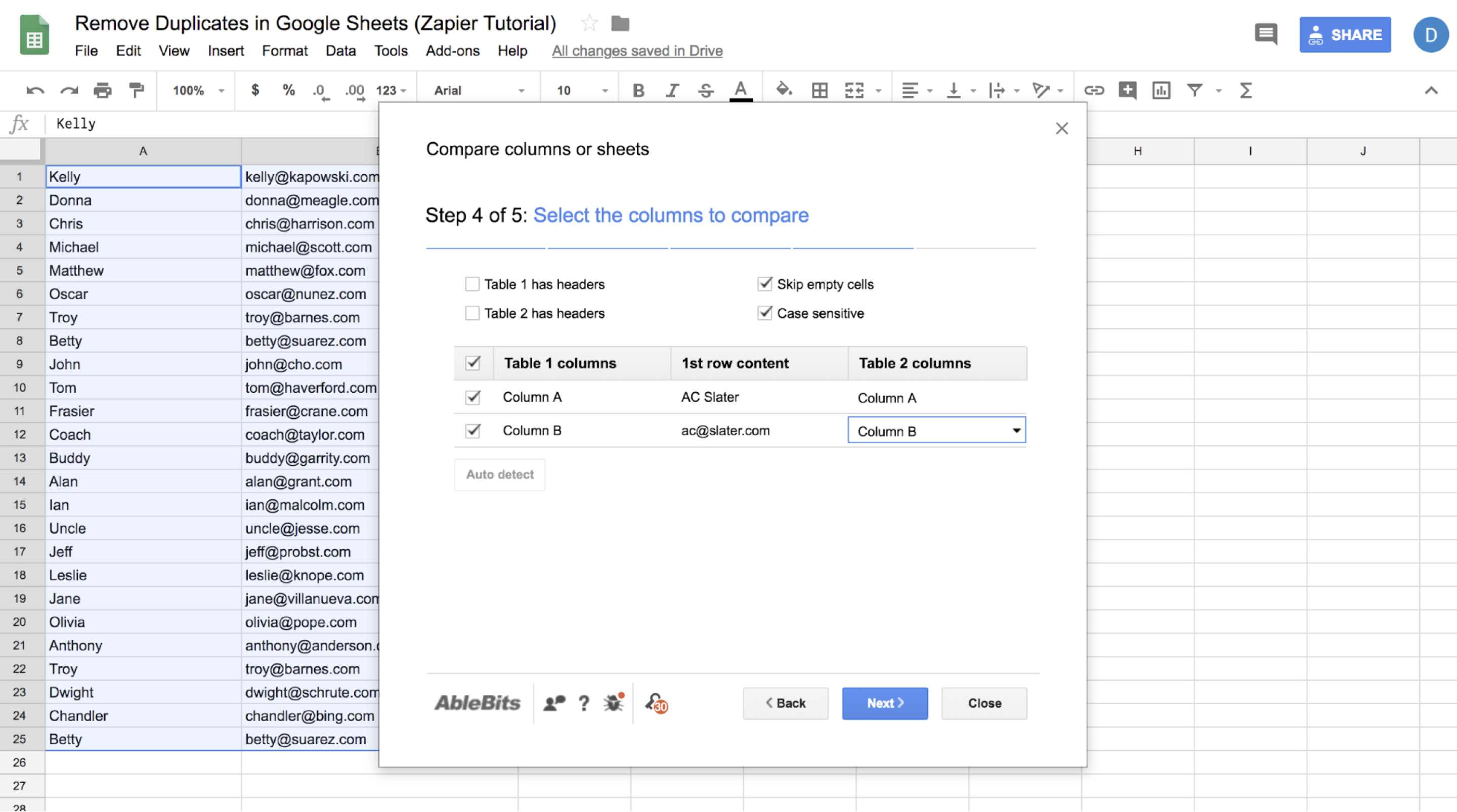 Select the columns to compare