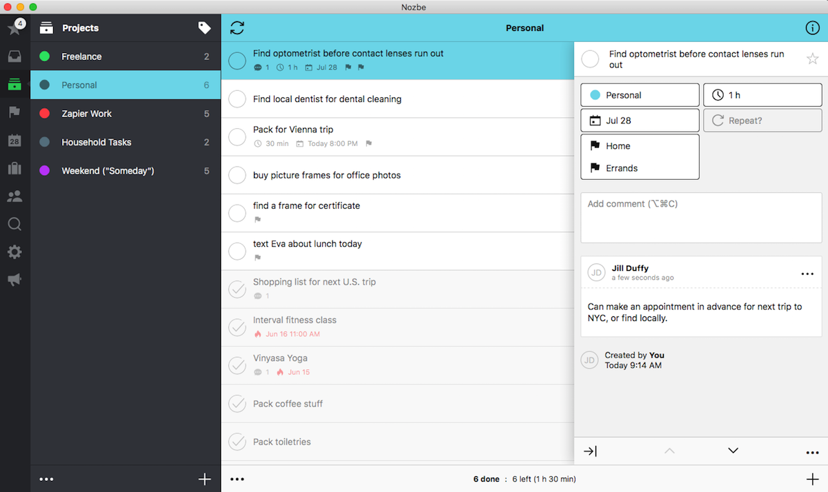 nozbe keyboard shortcuts