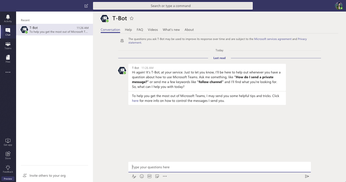 Microsoft Teams offers a bot for help