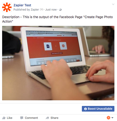 Create Page Photo Action Output