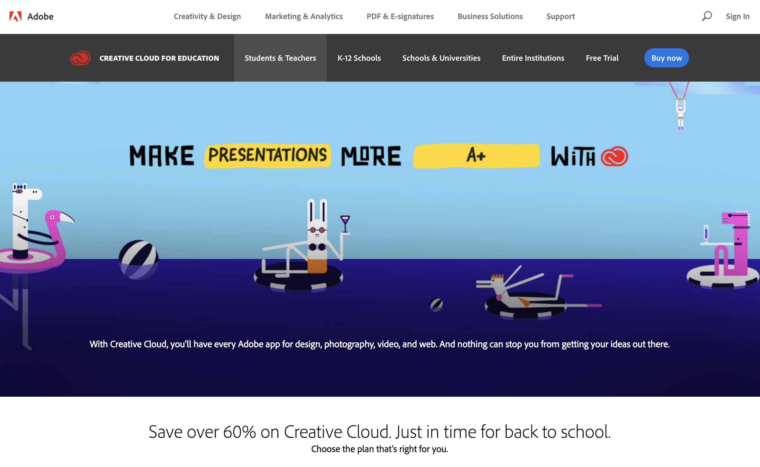 Adobe Creative Cloud student discount landing page