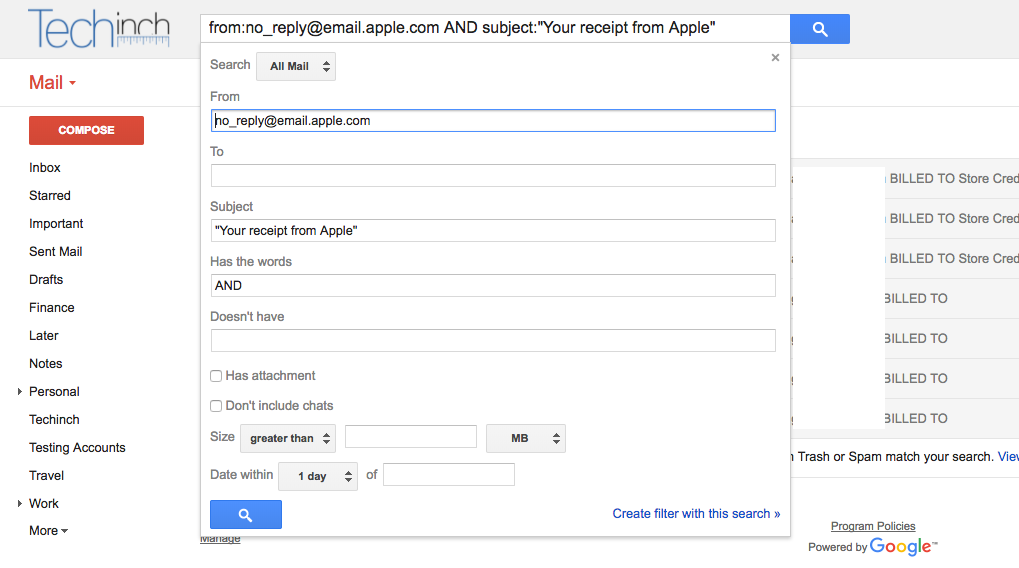 Gmail search filter