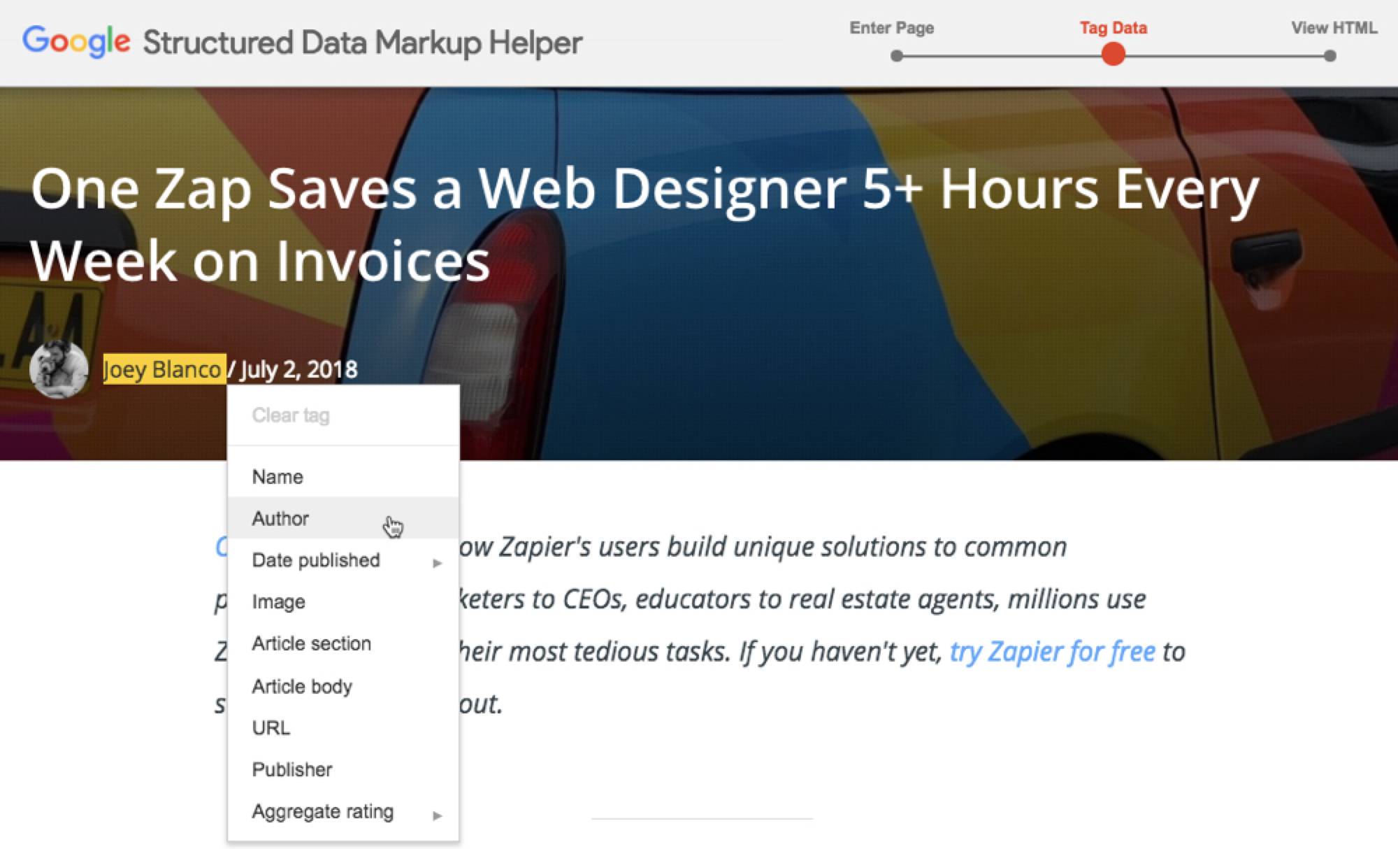 Structured Data Markup Helper using Zapier article as an example