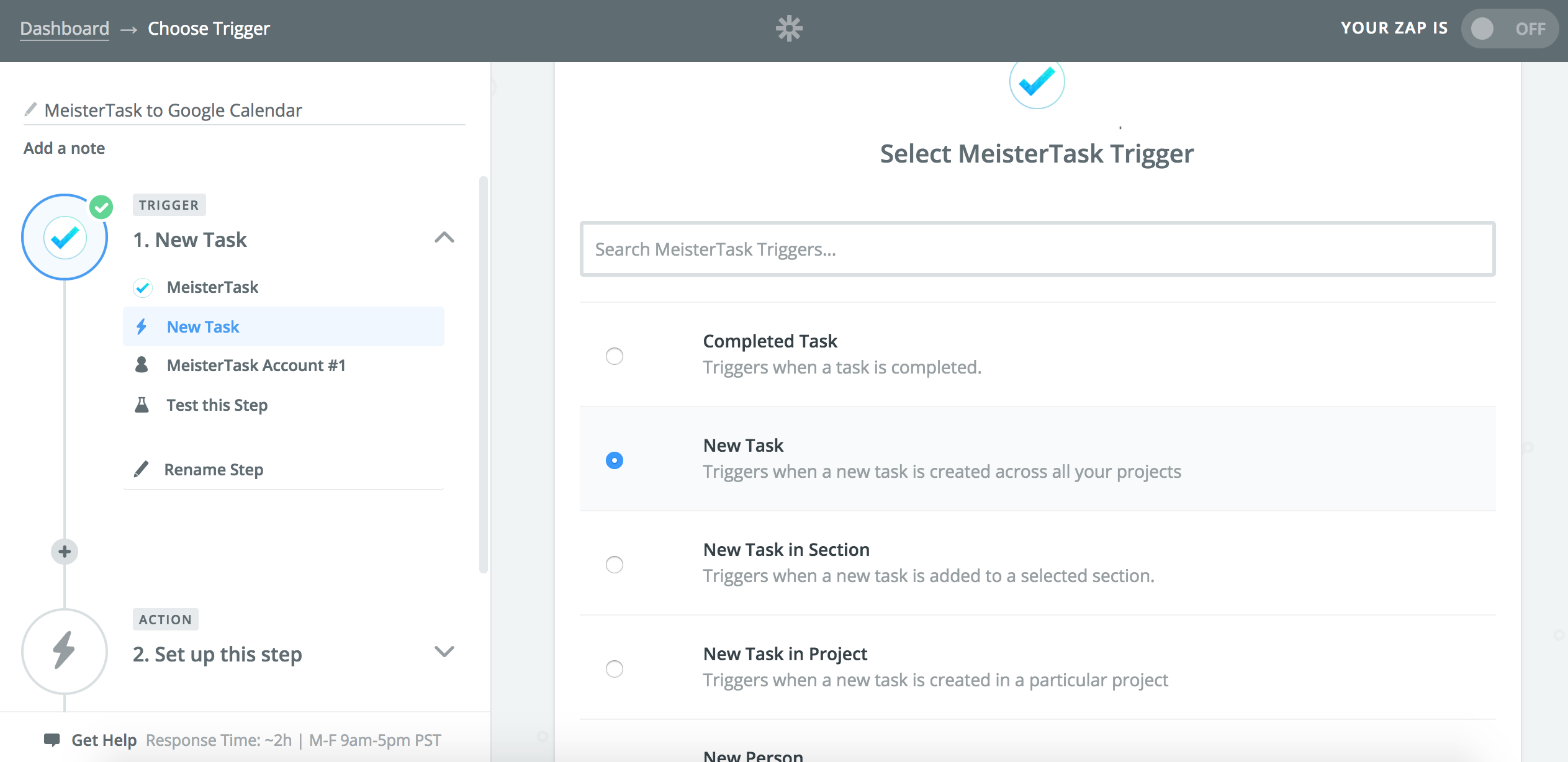 Example of a MeisterTask Zap - Trigger