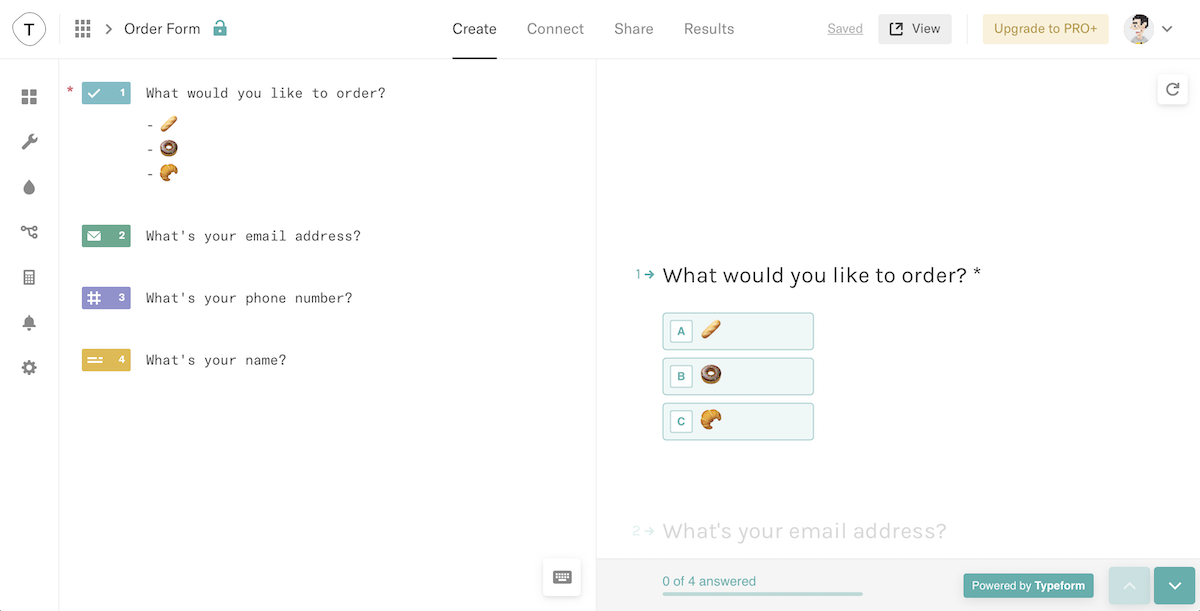 A Typeform form with options