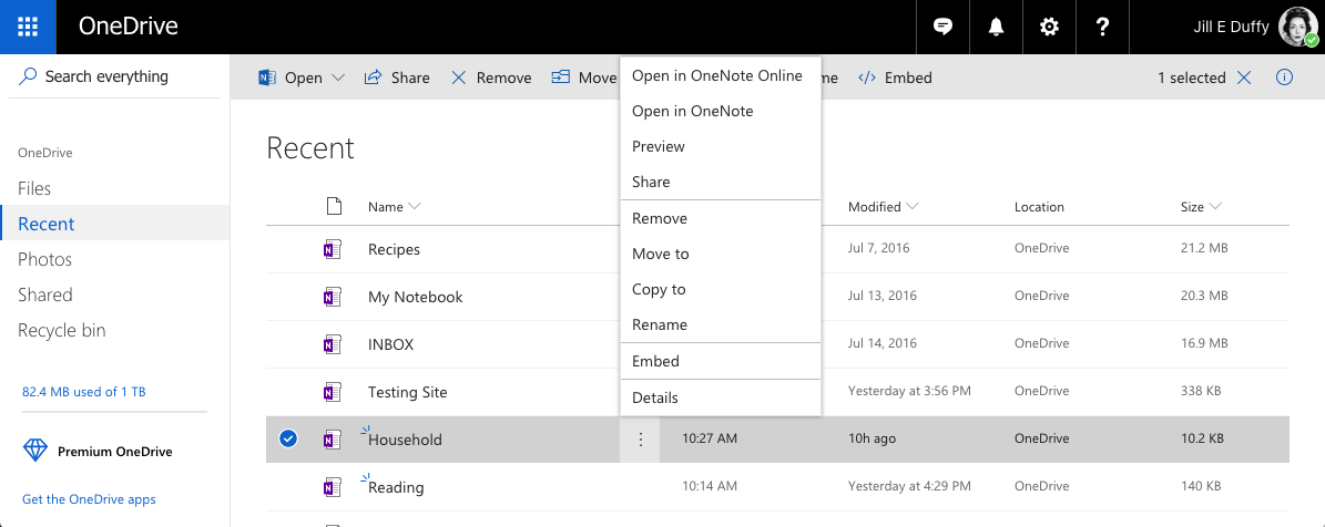 OneNote storage in OneDrive