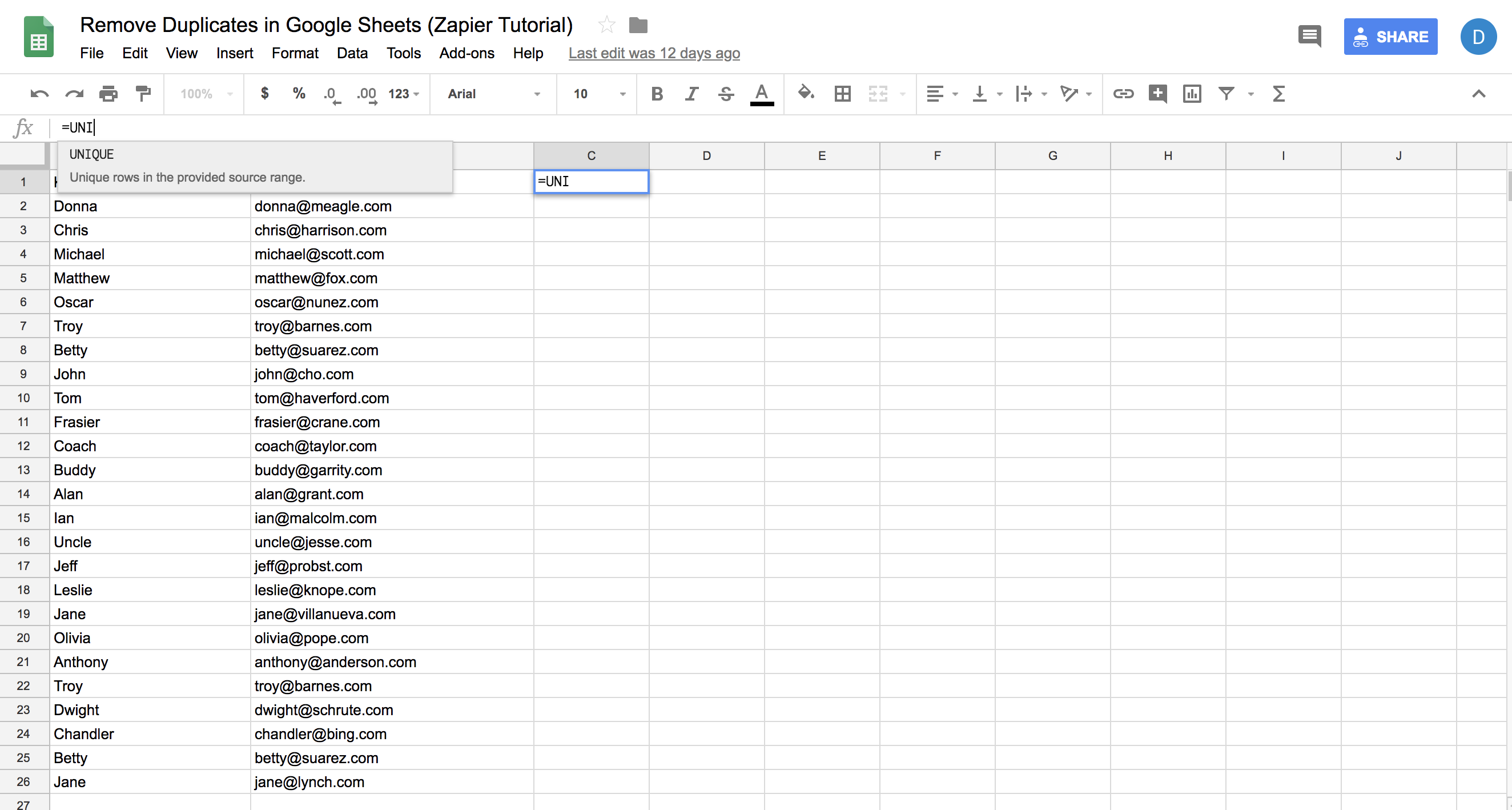 Typing =UNIQUE into a cell on a blank worksheet