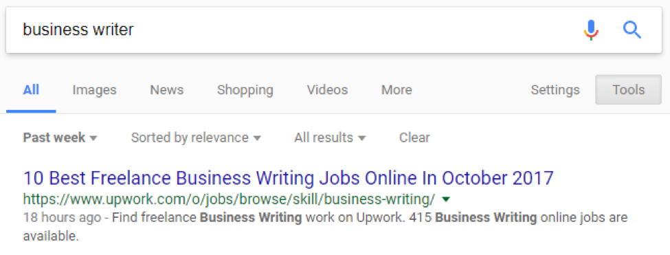 Google search results for business writer narrowed down to the past week