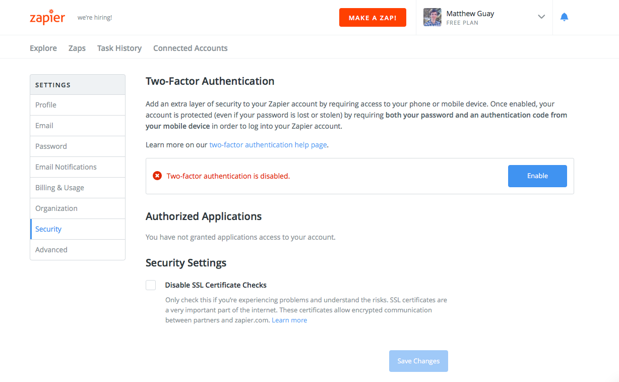 Zapier Security Settings