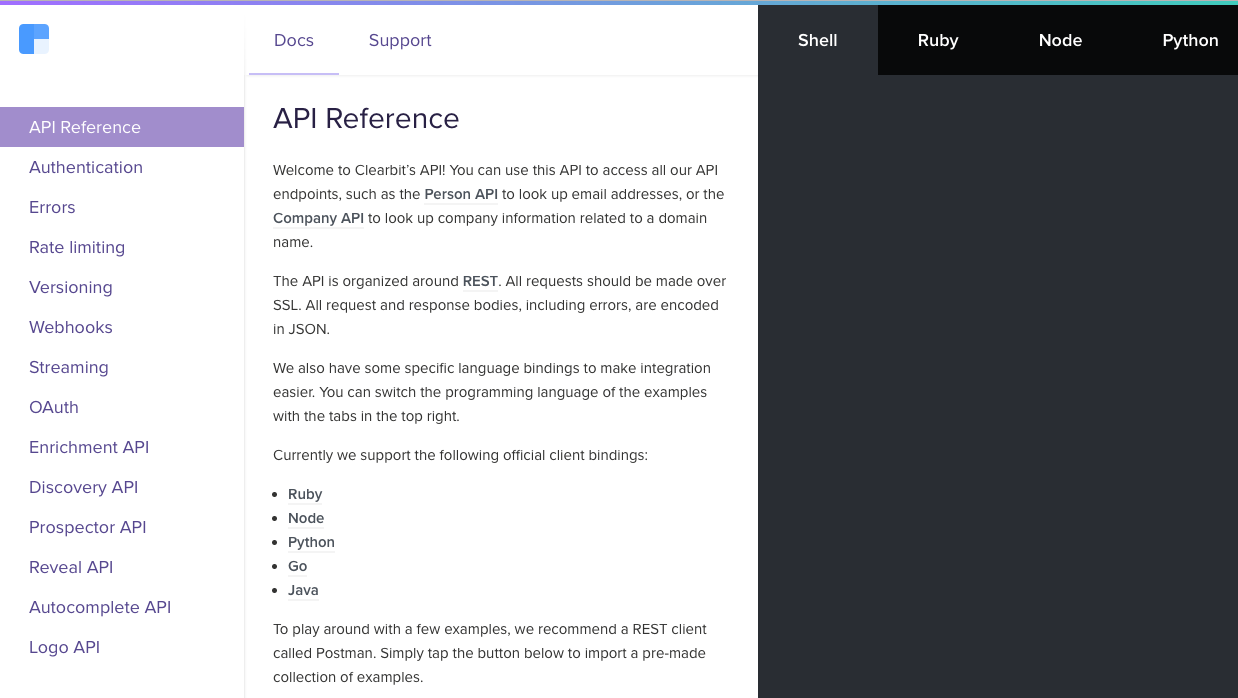 Clearbit API reference built on Slate