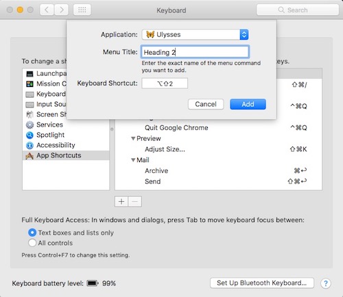 Add custom keyboard shortcuts to Ulysses