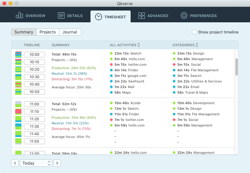 Qbserve for automatic time logging and productivity reporting