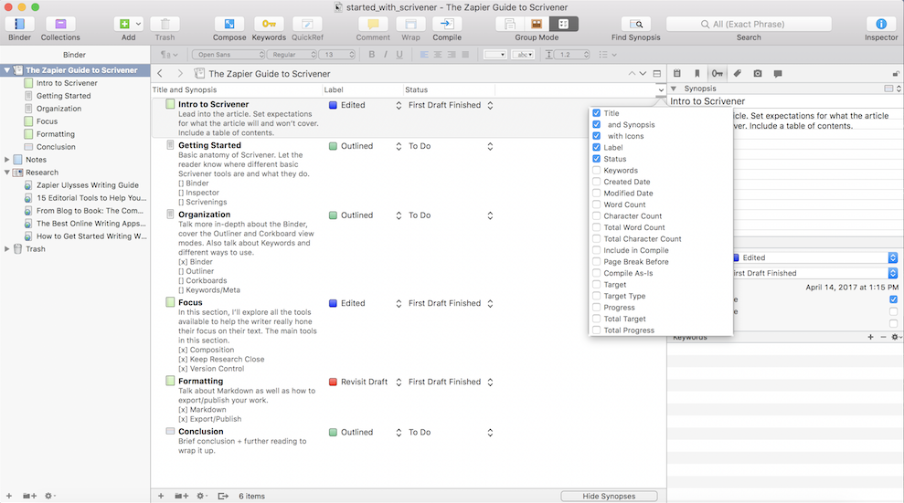 Scrivener Outline Mode