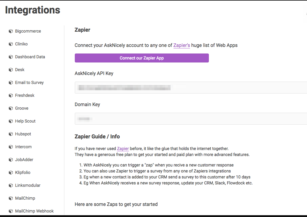 Asknicely Integration Help Support Zapier - then select zapier from the sidebar copy the asknicely api key and paste it into zapier s api key