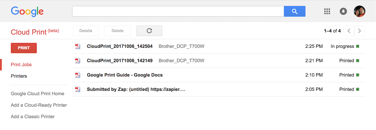 Google Cloud Print jobs