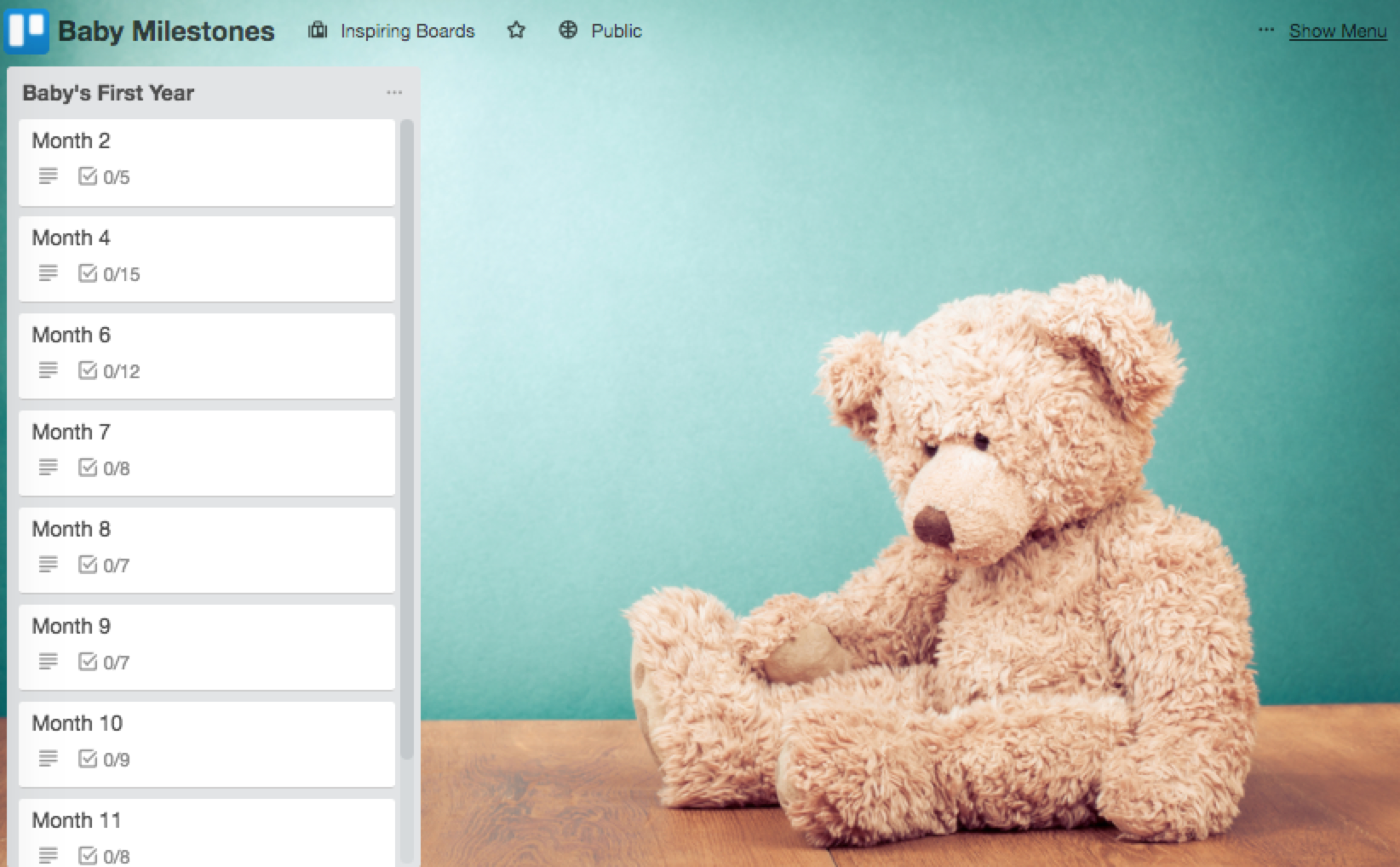 Trello baby milestones template