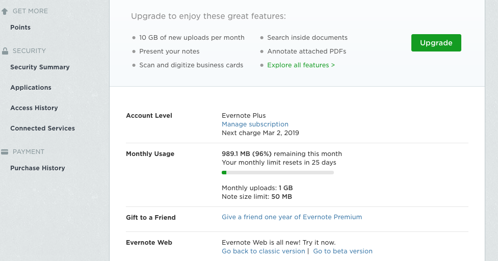 Evernote monthly storage