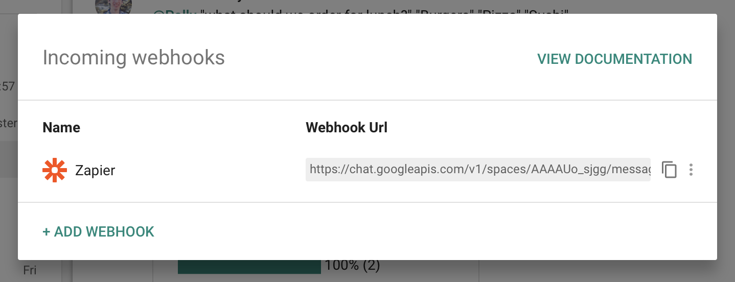 Copy webhooks URL from Hangouts Chat