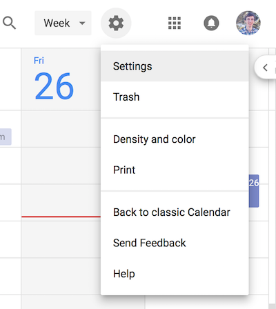 Google Calendar settings menu