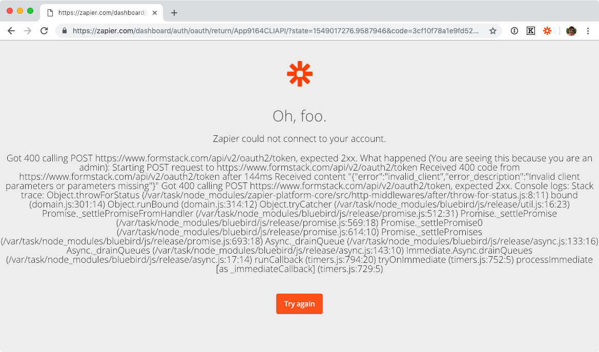 400 error Zapier authentication