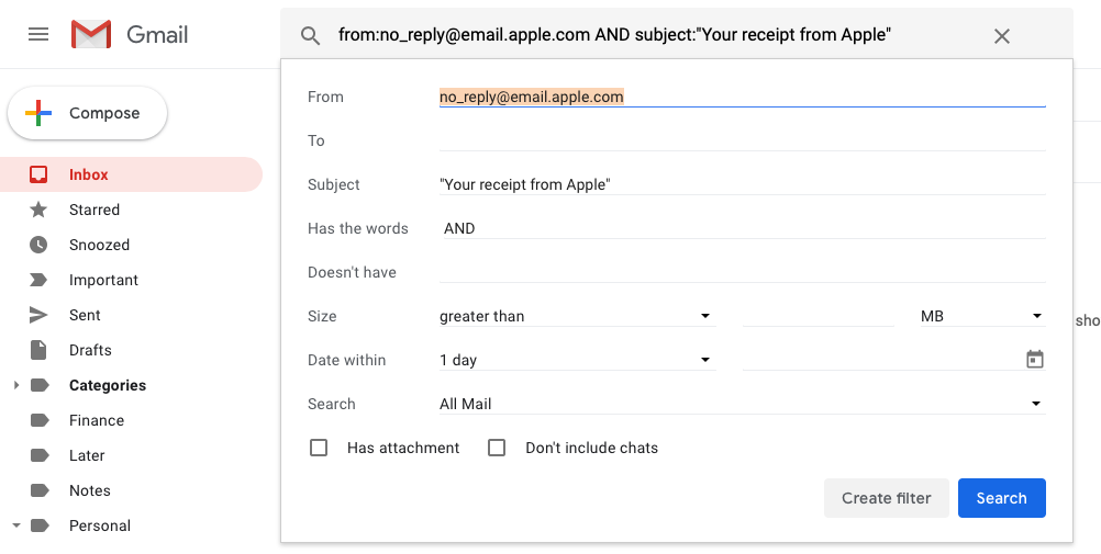 Gmail search filter