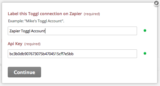 Name Toggl Account and API Key