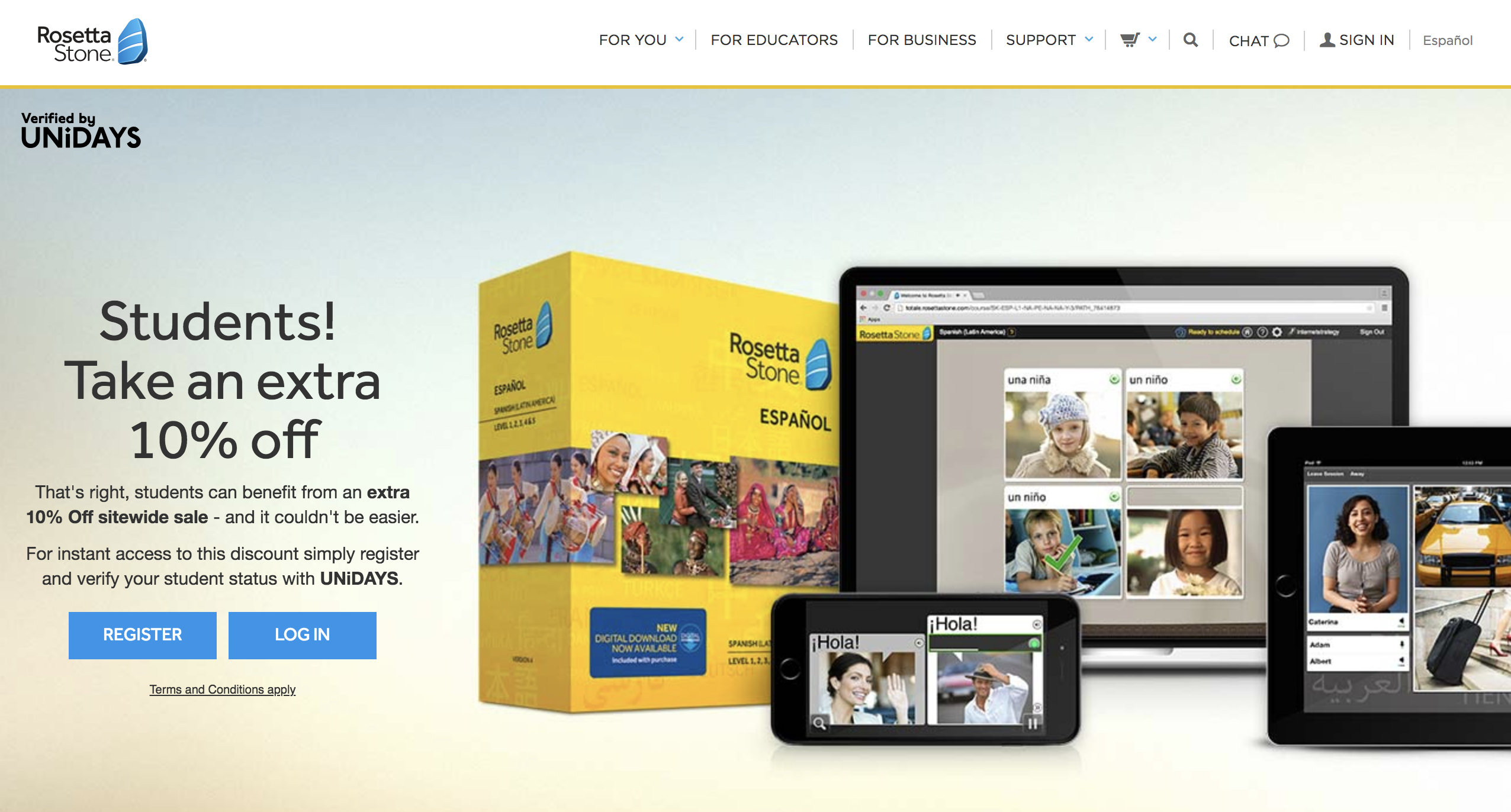 Rosetta Stone student discount landing page