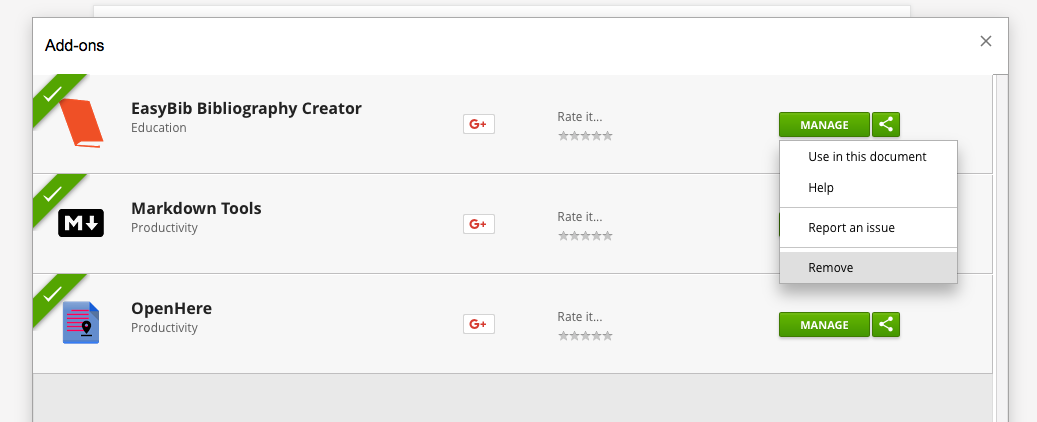 Remove Google Docs add-on