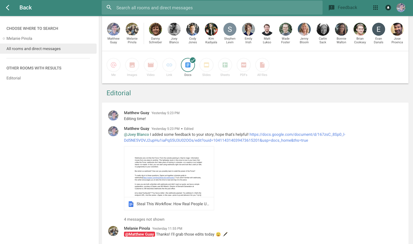 Find Google Docs documents with Hangouts search