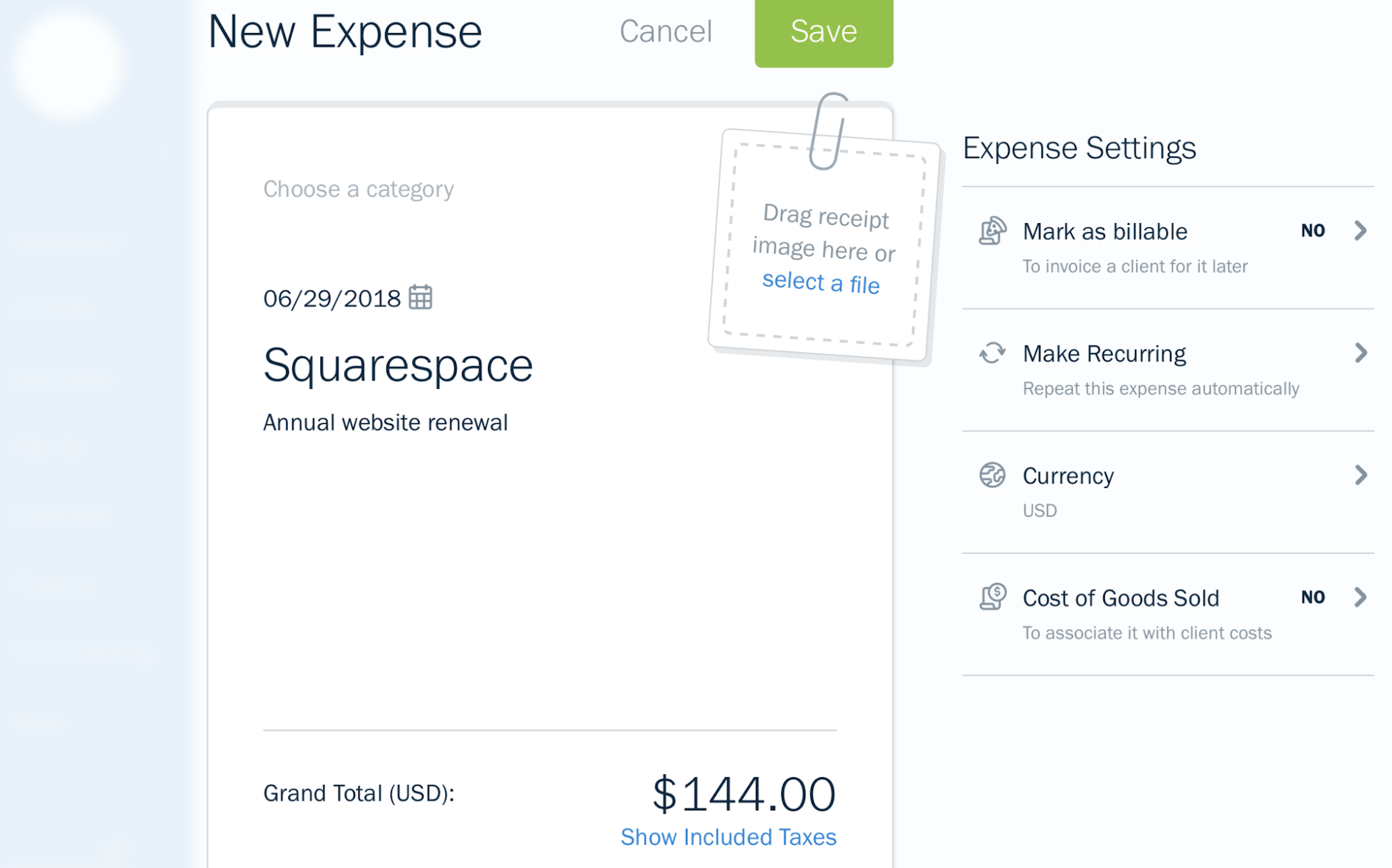 FreshBooks expense tracking screenshot