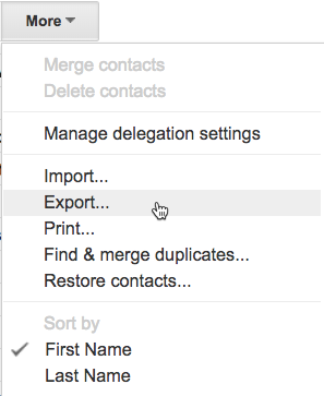 Export Google Contacts menu