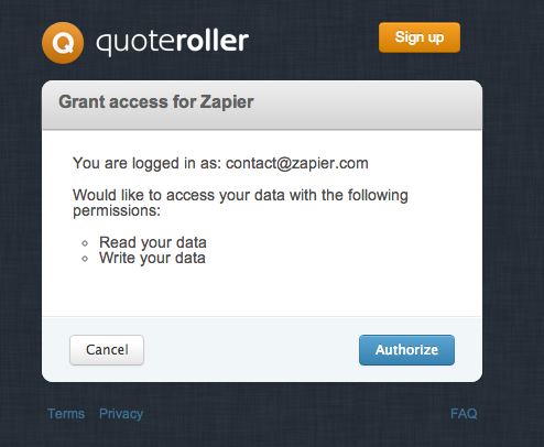 zapier roller quote authorize started