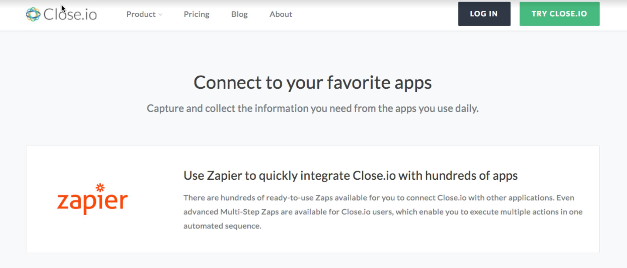 Close integration page featuring Zapier