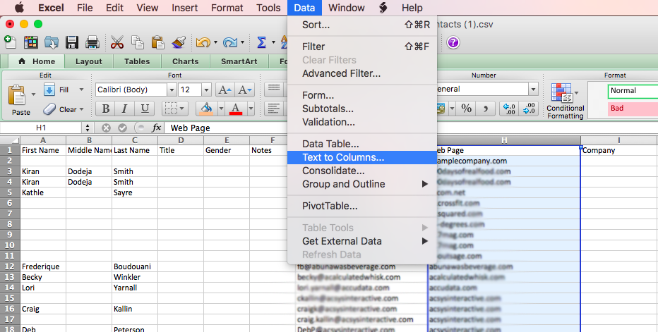 Date, then Text to Columns to separate names, address, and companies.