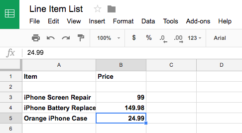 line items in Google Sheets